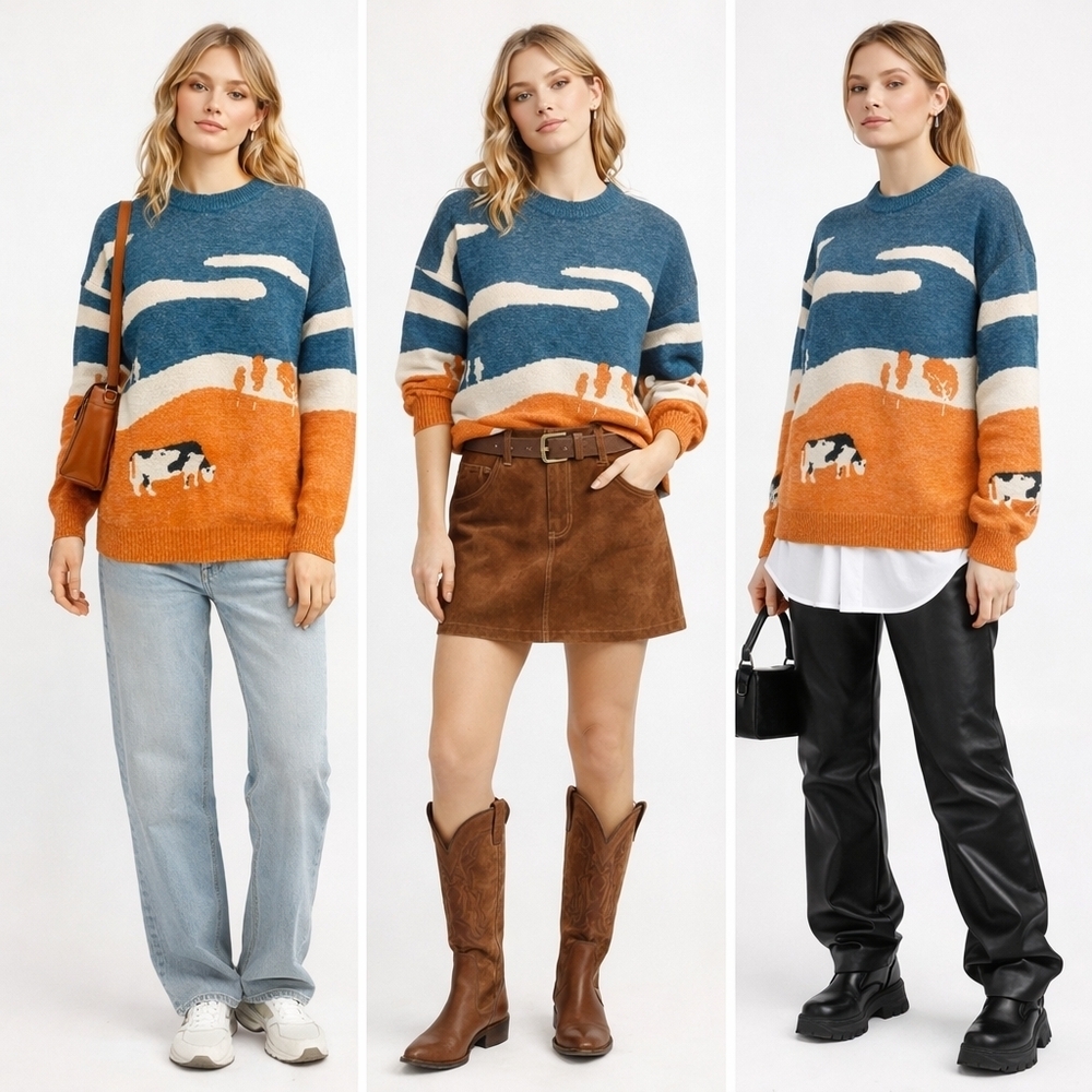 Aelfric Eden Scenic Crewneck Sweater in Blue, Cream & Orange Size M